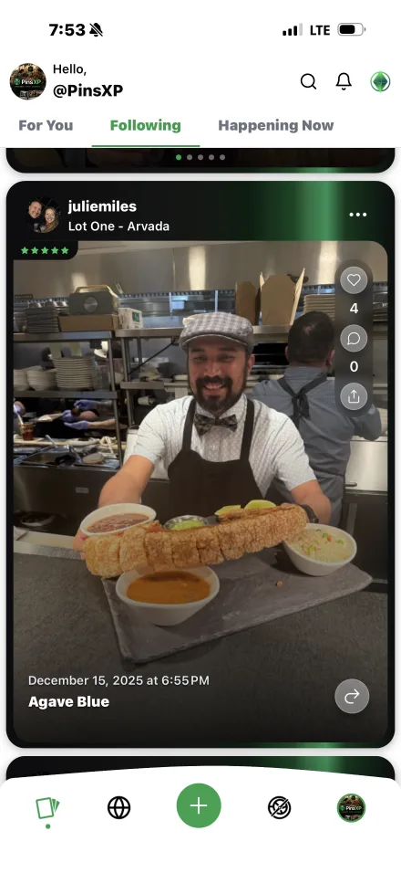 PinsXP Following feed showing a five-star moment of a smiling chef at Agave Blue presenting a chicharron board
