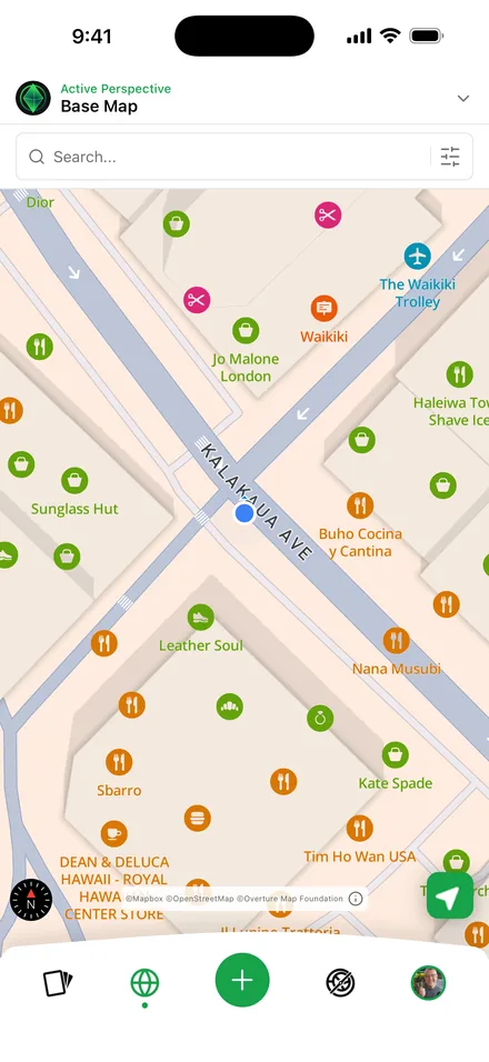 PinsXP map view of Waikiki with pins for nearby restaurants, shops, and places
