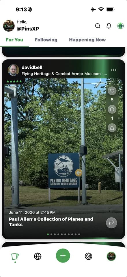 PinsXP For You feed showing a five-star moment at the Flying Heritage and Combat Armor Museum